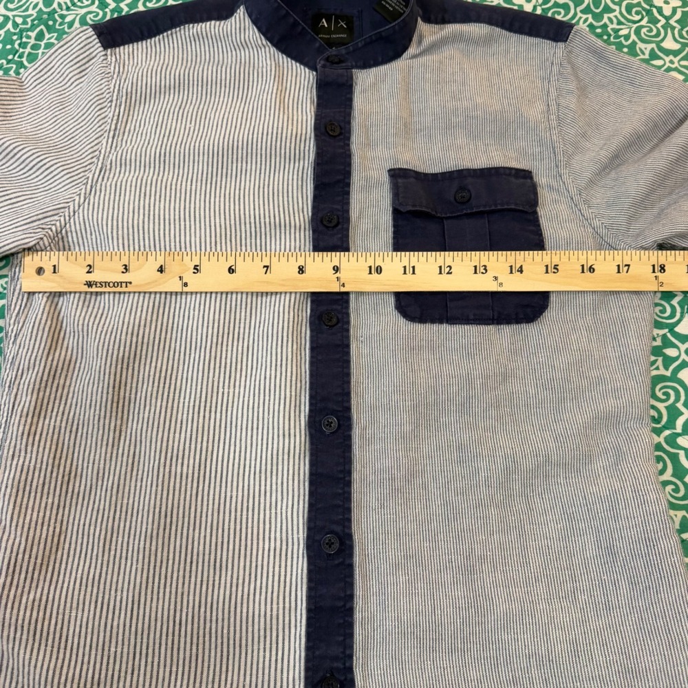 Armani Exchange Mens XS Slim Fit Striped Mandarin Collar Button Up Shirt Blue - Picture 4 of 5